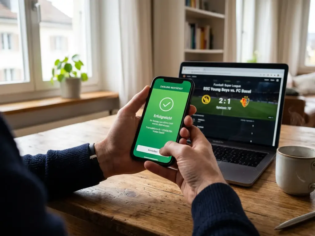 TWINT-App auf Smartphone neben einem Sportwetten-Dashboard auf Laptop-Bildschirm